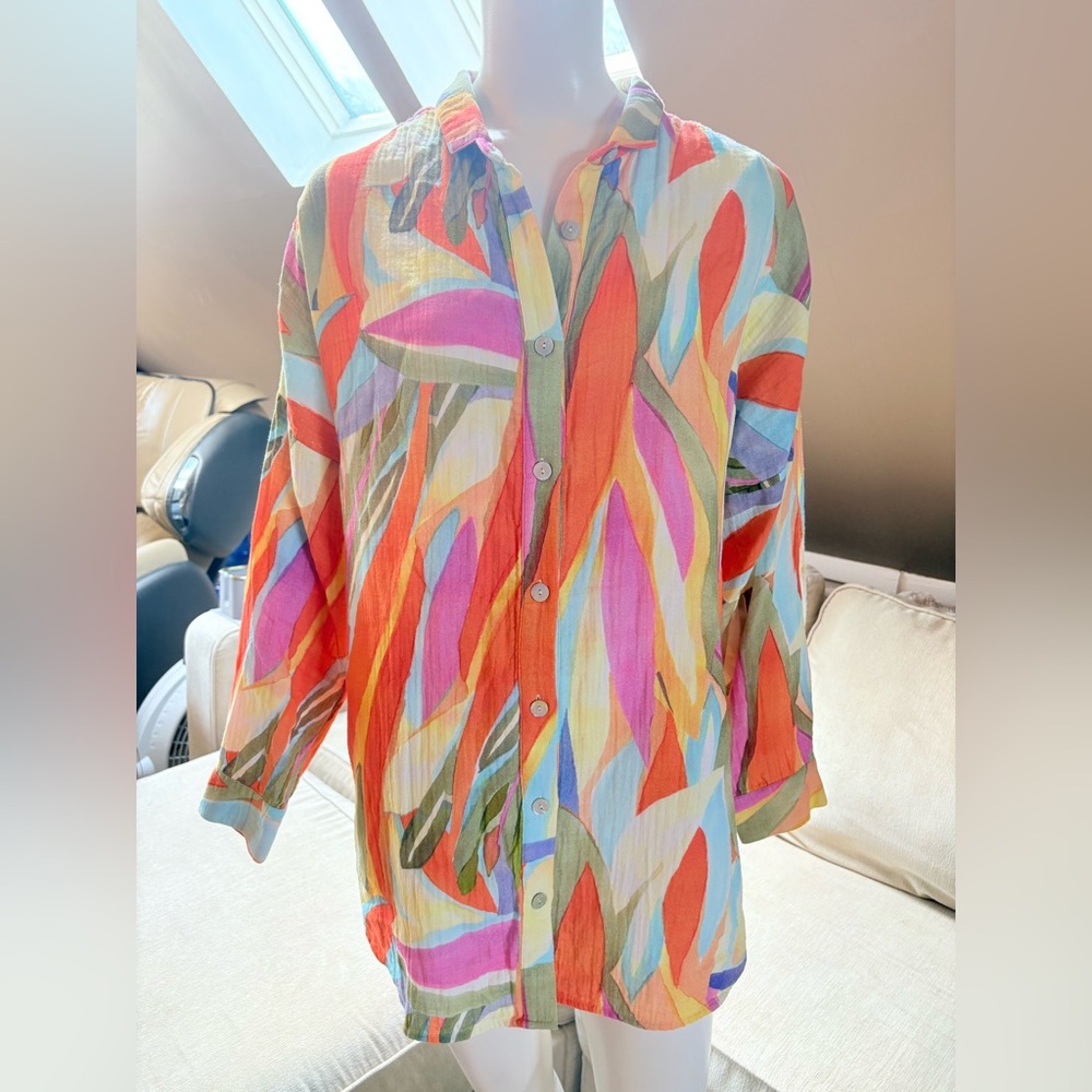 Soft Surroundings Peregrine Gauze Shirt Tunic Resort-Wear Fiery Stripe Sz Medium - Picture 2 of 8
